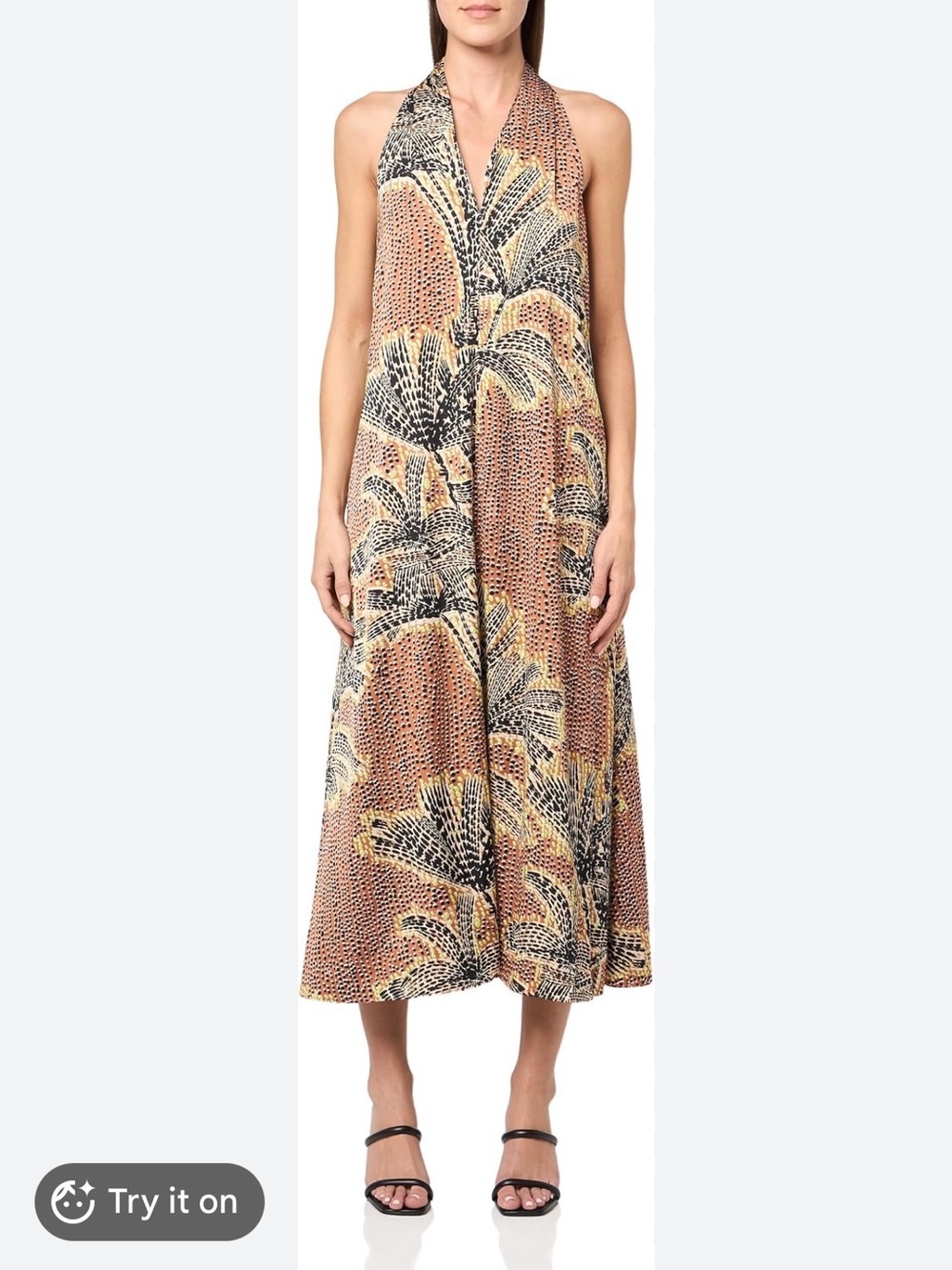 Nick+Xir Dotti Halter V-Neck Midi Dress in Tan and Black Palm Print Sz L